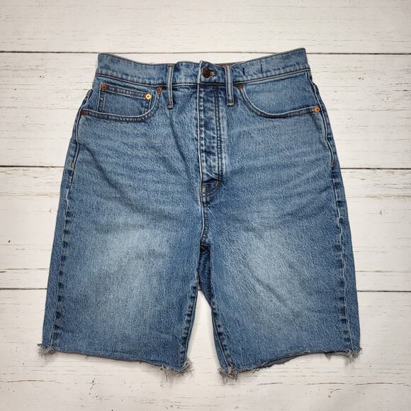 Madewell High Rise Long Denim Jean Shorts Medium Wash Raw Hem Button Fly 28 - Picture 3 of 10